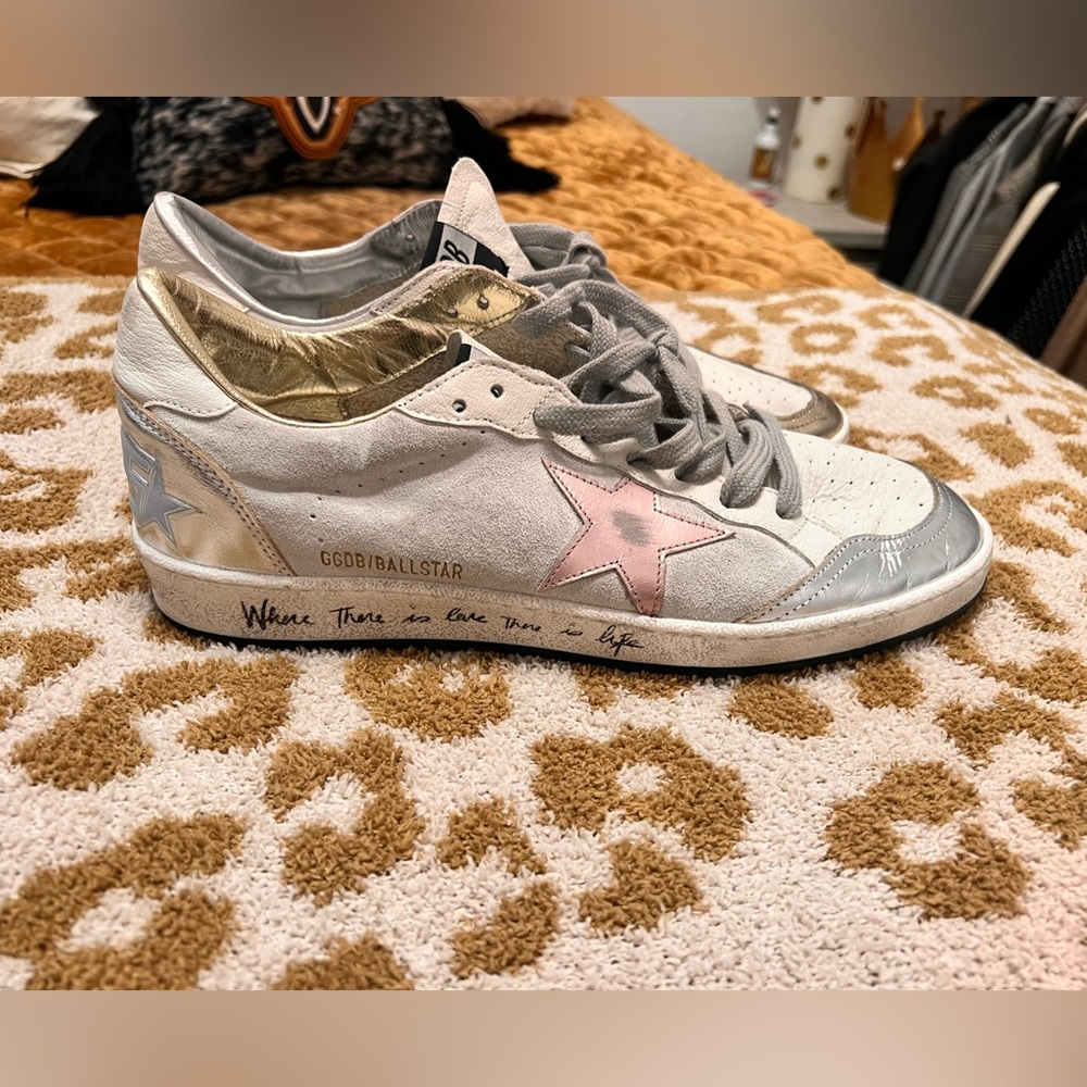 Golden Goose Women's White, Pink, and Gold Sneakers